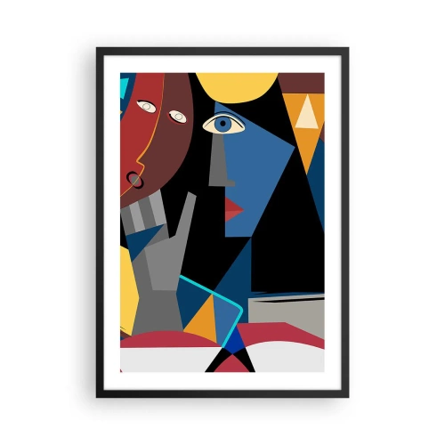 Affiche dans un cadre noir - Poster - Abstraction cubiste d'un visage aux couleurs vives - 50x70cm - Une conversation entre cubistes - Décoration murale moderne pour le salon et la chambre ARTTOR