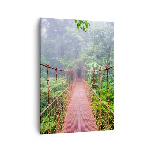Impression sur toile - Image sur toile - Un pont suspendu dans une jungle tropicale entourée de brouillard - 50x70cm - Suspendu sur les couronnes - Décoration murale moderne pour le salon et la chambre ARTTOR