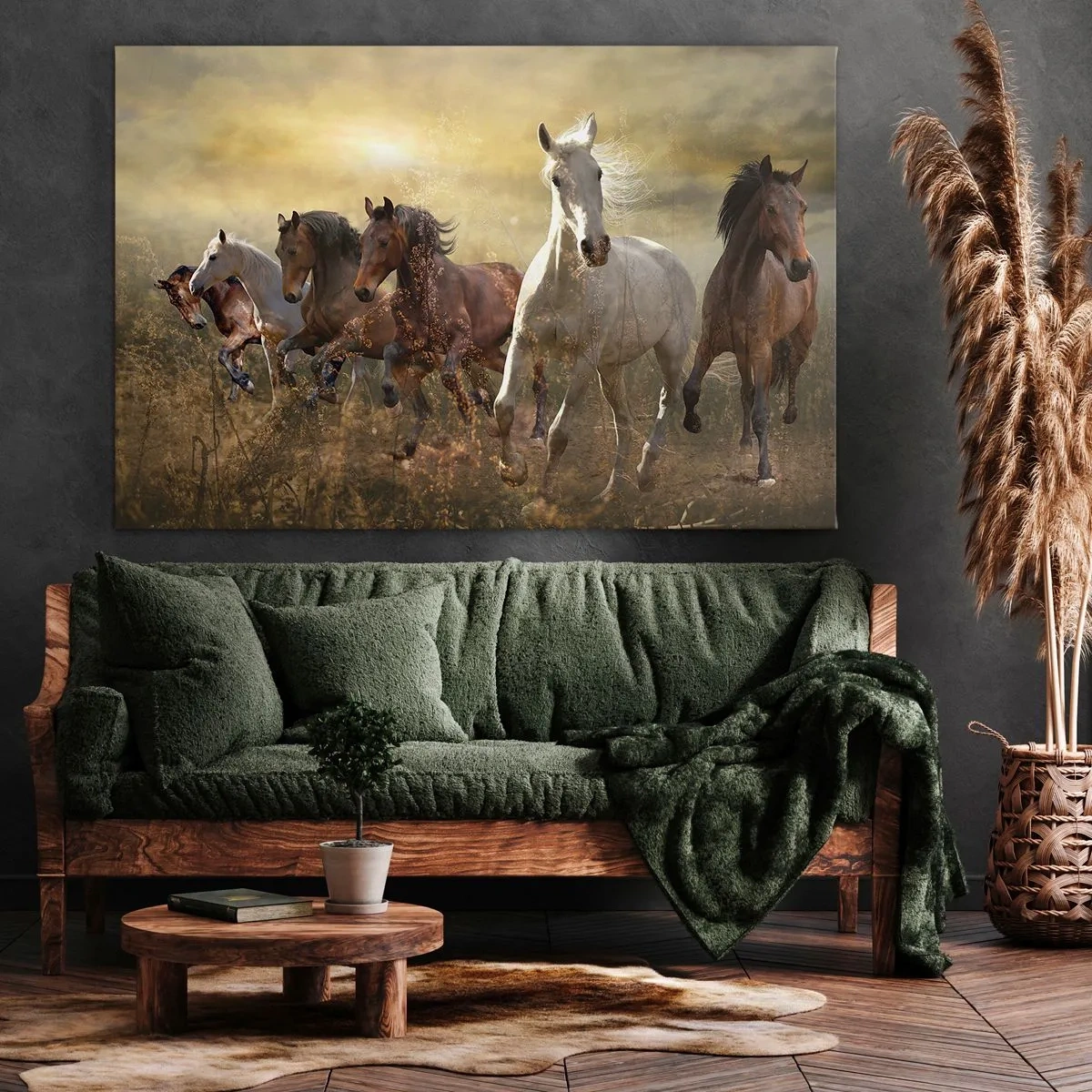 Impression sur toile - Image sur toile - Un groupe de chevaux au galop sur fond de soleil couchant - 120x80cm - Vive la liberté! - Décoration murale moderne pour le salon et la chambre ARTTOR