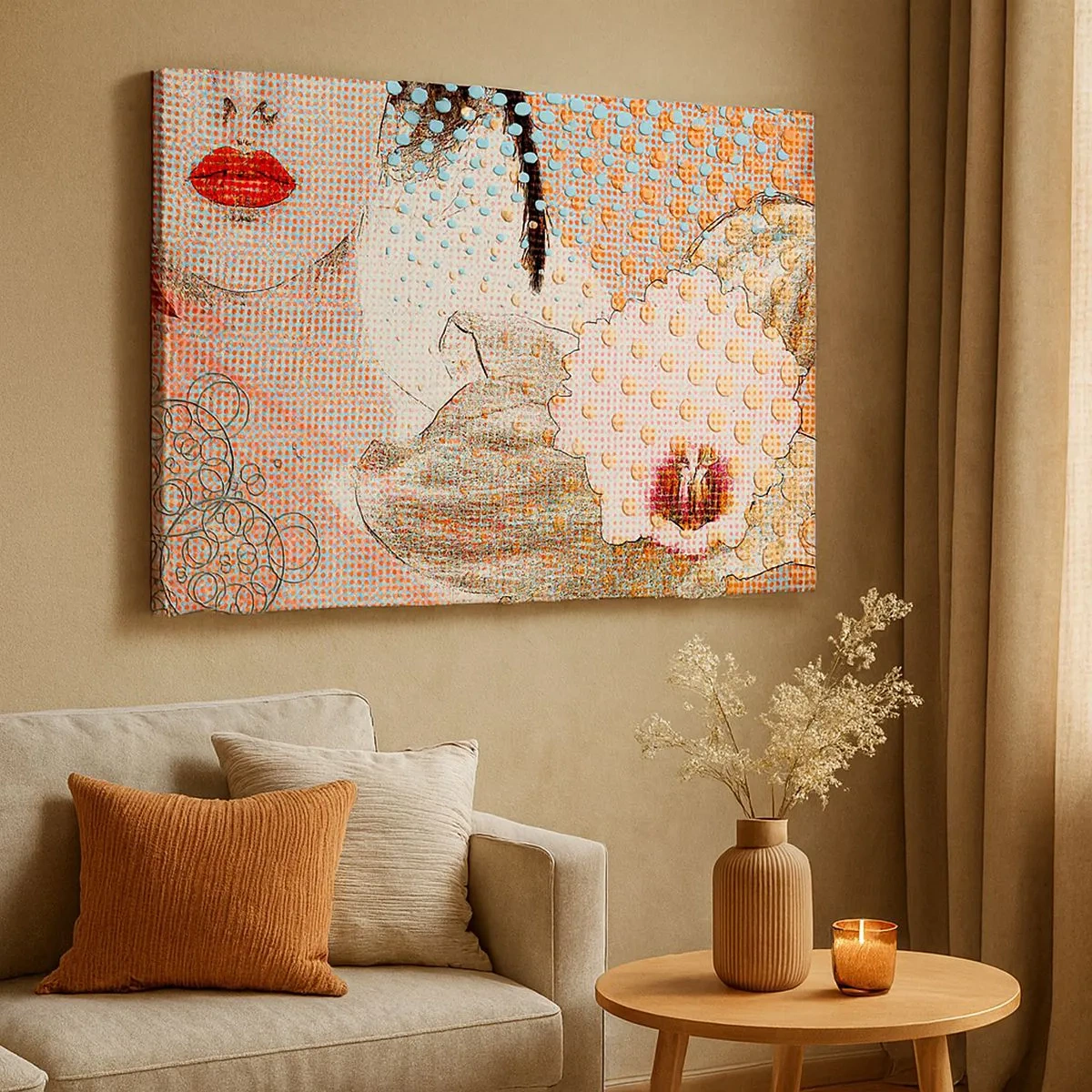 Impression sur toile - Image sur toile - Œuvre d'art abstraite avec un motif de bouche et d'orchidée - 70x50cm - Héroïne de bande dessinée - Décoration murale moderne pour le salon et la chambre ARTTOR