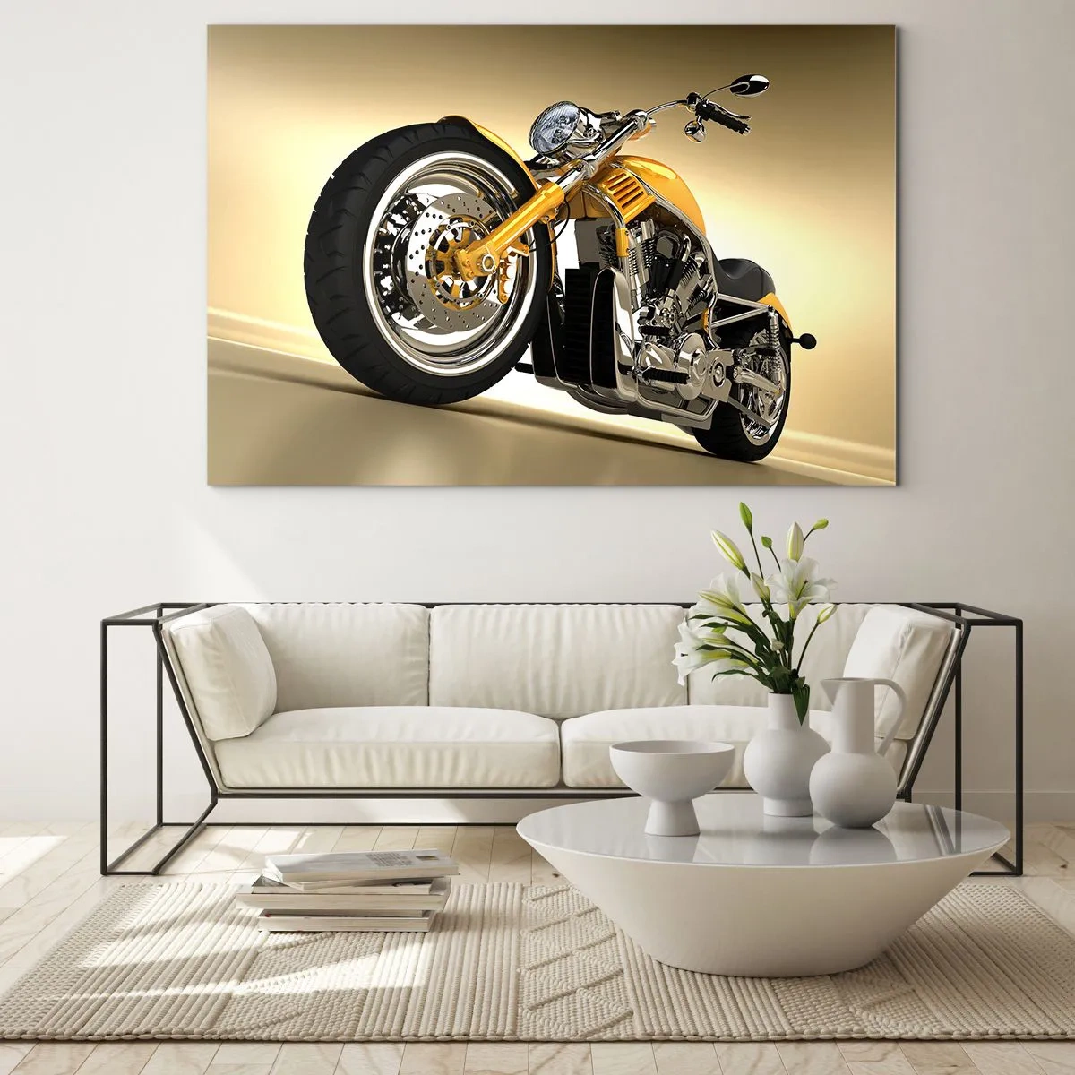 Impression sur verre - Image sur verre - Une moto customisée dorée sur fond clair - 120x80cm - Un rêve de force et de vitesse - Décoration murale moderne pour le salon et la chambre ARTTOR