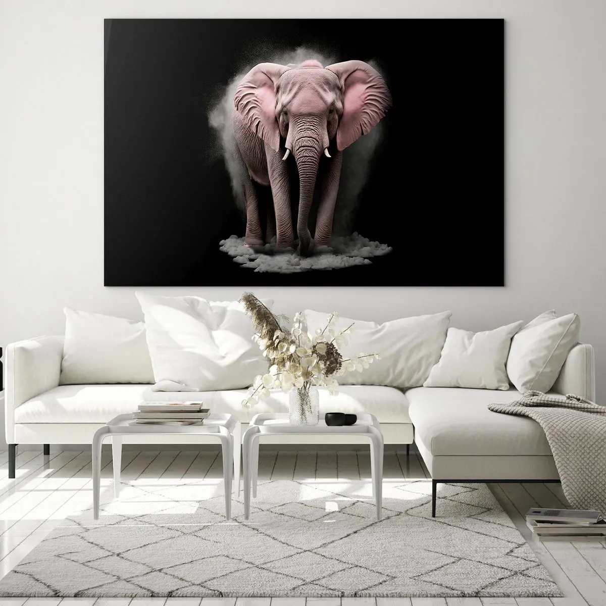 Impression sur verre - Image sur verre - Un éléphant rose sur fond noir entouré d'un nuage de poussière. - 100x70cm - Ne pensez pas à un éléphant rose ! - Décoration murale moderne pour le salon et la chambre ARTTOR