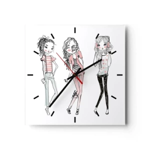 Horloge murale - Pendule murale - Illustration de filles à la mode aux couleurs pastel - 30x30cm - On va s'amuser - Décoration murale moderne pour le salon et la chambre ARTTOR