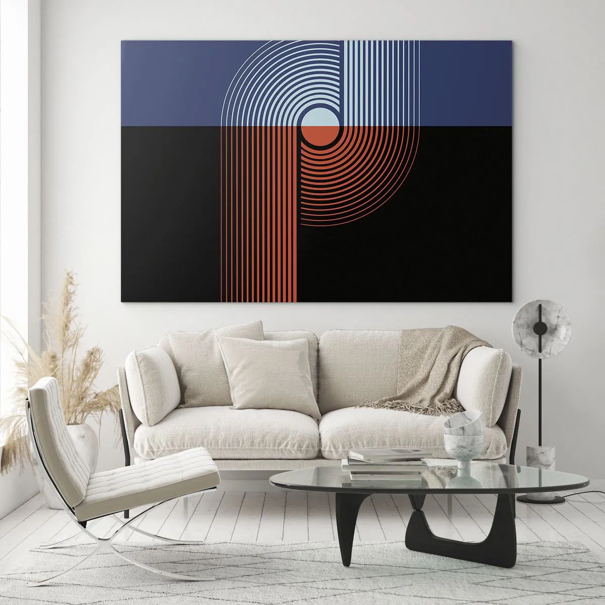 Impression sur verre - Image sur verre - Graphiques géométriques modernes aux couleurs contrastées - 70x50cm - Dans une étreinte géométrique - Décoration murale moderne pour le salon et la chambre ARTTOR