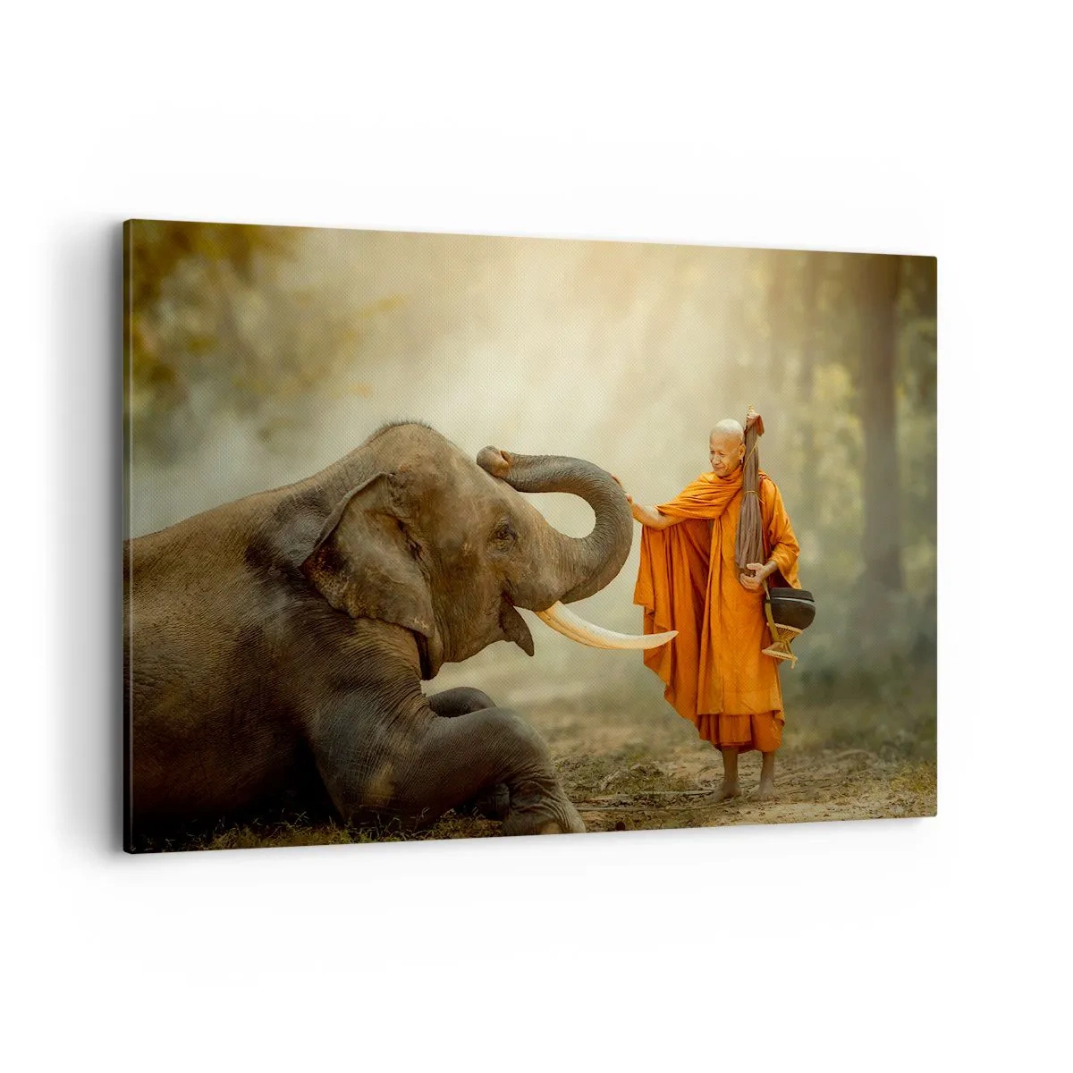 Impression sur toile - Image sur toile - Un moine et un éléphant en harmonie avec la nature en toile de fond - 120x80cm - Rencontre en voyageant - Décoration murale moderne pour le salon et la chambre ARTTOR