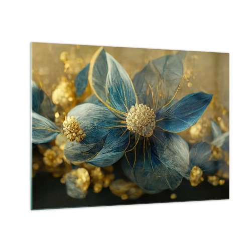 Impression sur verre - Image sur verre - Fleurs bleues et dorées avec une sensation luxueuse - 70x50cm - Fleurir avec de l'or - Décoration murale moderne pour le salon et la chambre ARTTOR