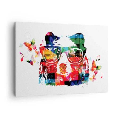 Impression sur toile - Image sur toile - Ours coloré avec des lunettes avec des papillons et des notes de musique - 70x50cm - Ca plait au chien! - Décoration murale moderne pour le salon et la chambre ARTTOR