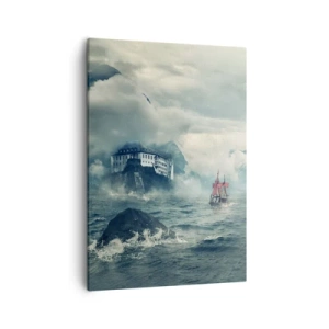 Impression sur toile - Image sur toile - Un paysage mystérieux avec un château, des montagnes et un navire - 50x70cm - Dans l'eau magique - Décoration murale moderne pour le salon et la chambre ARTTOR