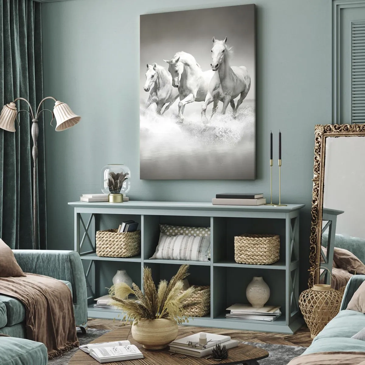 Impression sur toile - Image sur toile - Trois chevaux blancs galopant dans l'eau - 70x100cm - La folie blanche - Décoration murale moderne pour le salon et la chambre ARTTOR