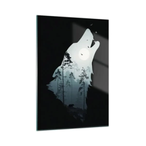Impression sur verre - Image sur verre - Silhouette d'un loup avec une forêt et la lune en arrière-plan sur un fond noir - 50x70cm - La voix de nuit de la forêt - Décoration murale moderne pour le salon et la chambre ARTTOR