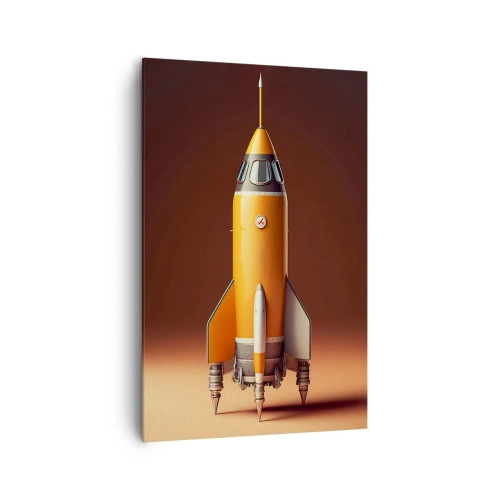 Impression sur toile - Image sur toile - Une fusée de style rétro sur un fond de tons marron - 80x120cm - Ça commence par un rêve - Décoration murale moderne pour le salon et la chambre ARTTOR