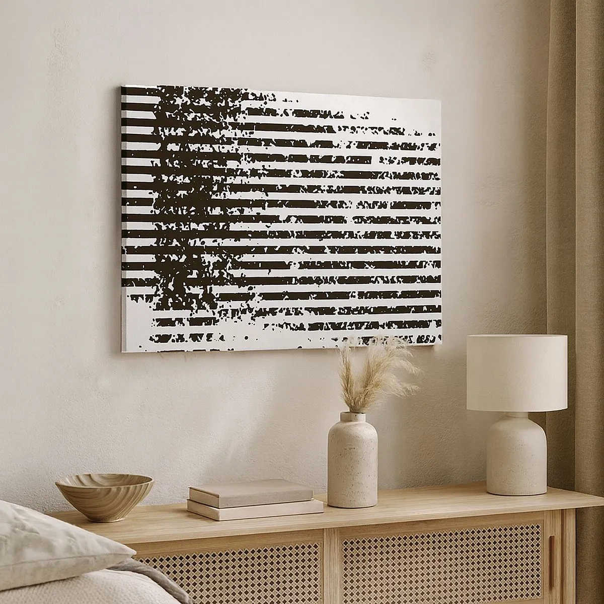 Impression sur toile - Image sur toile - Lignes abstraites avec un effet vieilli en noir et blanc - 70x50cm - Rythme et bruissement - Décoration murale moderne pour le salon et la chambre ARTTOR