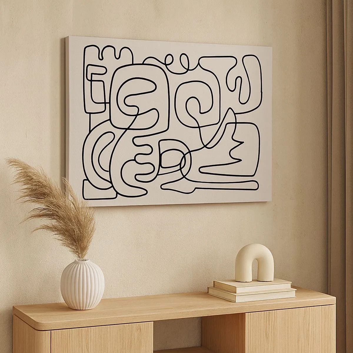 Impression sur toile - Image sur toile - Motif d'art linéaire abstrait en noir sur fond clair - 70x50cm - Suivez les indices - Décoration murale moderne pour le salon et la chambre ARTTOR