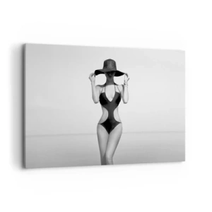 Impression sur toile - Image sur toile - Silhouette noire et blanche d'une femme portant un chapeau sur fond de mer - 120x80cm - Mon prénom? Élégance - Décoration murale moderne pour le salon et la chambre ARTTOR