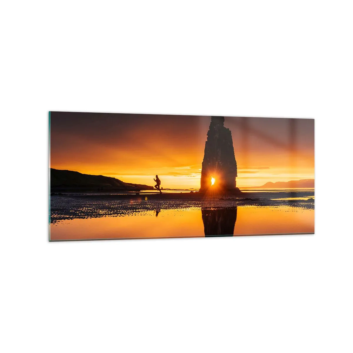 Impression sur verre - Image sur verre - Personne courant sur la plage au coucher du soleil avec formation rocheuse - 120x50cm - Juste vous et la nature - Décoration murale moderne pour le salon et la chambre ARTTOR