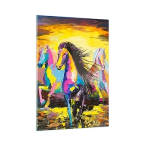 Impression sur verre - Image sur verre - Chevaux colorés galopant sur fond de coucher de soleil - 50x70cm - Immergé dans l'arc-en-ciel - Décoration murale moderne pour le salon et la chambre ARTTOR