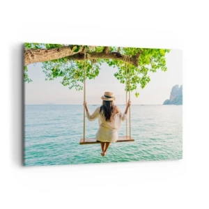 Impression sur toile - Image sur toile - Femme sur une balançoire au bord de la mer dans un paysage tropical - 100x70cm - La vie est belle - Décoration murale moderne pour le salon et la chambre ARTTOR