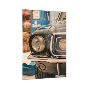 Impression sur verre - Image sur verre - Gros plan d'une voiture classique, Mustang, dans un atelier - 50x70cm - Rencontre avec une légende - Décoration murale moderne pour le salon et la chambre ARTTOR