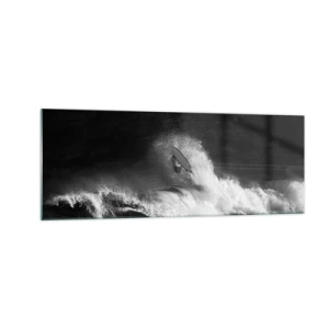 Impression sur verre - Image sur verre - Un surfeur sur une vague en monochrome - 140x50cm - Défi accepté! - Décoration murale moderne pour le salon et la chambre ARTTOR
