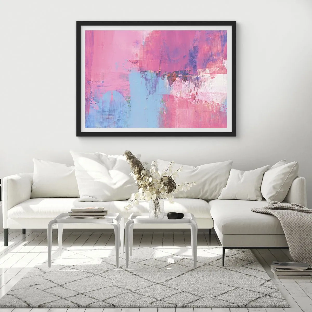 Affiche dans un cadre noir - Poster - Composition abstraite en rose et bleu - 70x50cm - Du rose, du bleu et une pincée de lumière - Décoration murale moderne pour le salon et la chambre ARTTOR