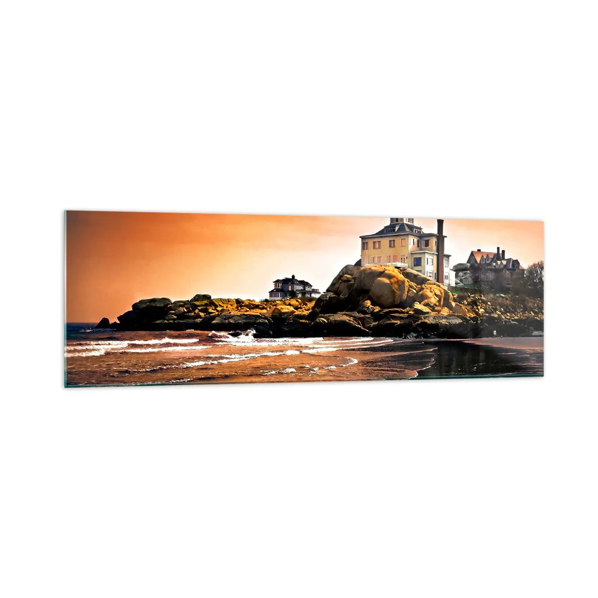 Impression sur verre - Image sur verre - Une maison sur un rocher près de la plage au coucher du soleil avec son reflet dans l'eau - 160x50cm - L'élégance de la côte ouest - Décoration murale moderne pour le salon et la chambre ARTTOR