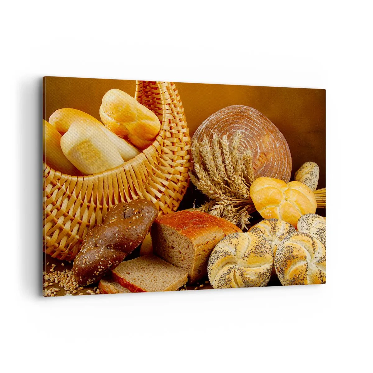 Impression sur toile - Image sur toile - Différents pains dans un panier en osier sur fond doré - 120x80cm - On s'en est encore sorti - Décoration murale moderne pour le salon et la chambre ARTTOR