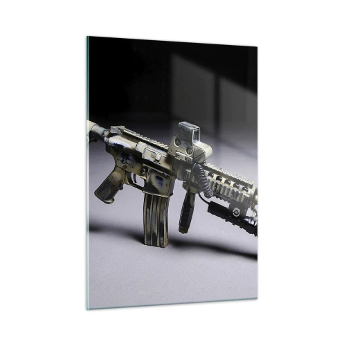 Impression sur verre - Image sur verre - Un fusil moderne sur un fond sombre avec un accent industriel - 50x70cm - Toujours menaçant - Décoration murale moderne pour le salon et la chambre ARTTOR