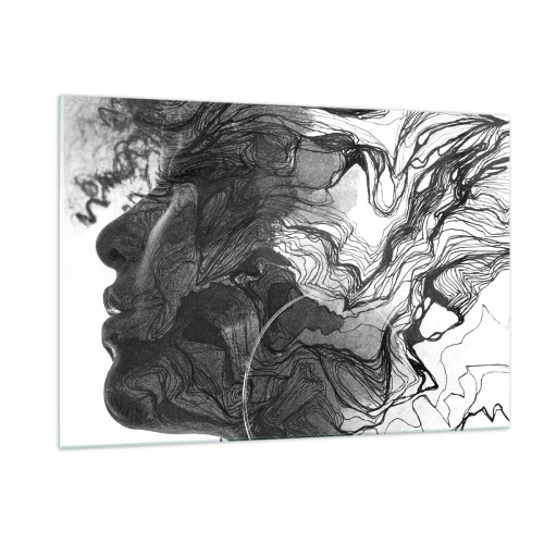 Impression sur verre - Image sur verre - Silhouette noire et blanche d'une femme avec des lignes abstraites - 120x80cm - Emmêlé dans les rêves - Décoration murale moderne pour le salon et la chambre ARTTOR