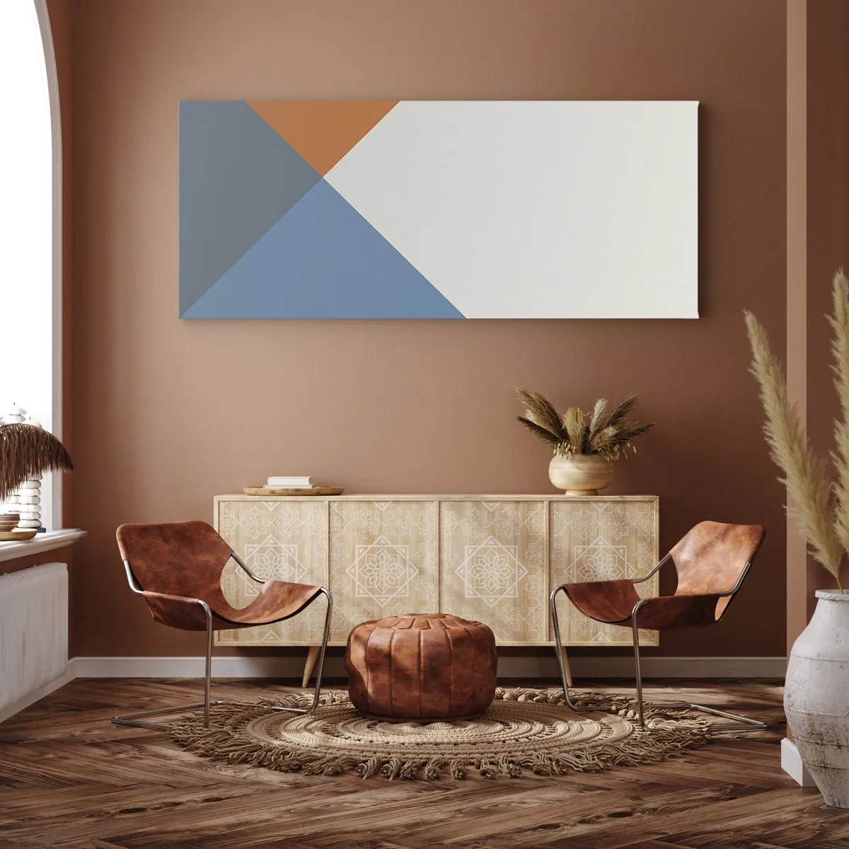 Impression sur toile - Image sur toile - Triangles géométriques dans les tons de bleu et d'orange - 120x50cm - Sous cette angle.... - Décoration murale moderne pour le salon et la chambre ARTTOR