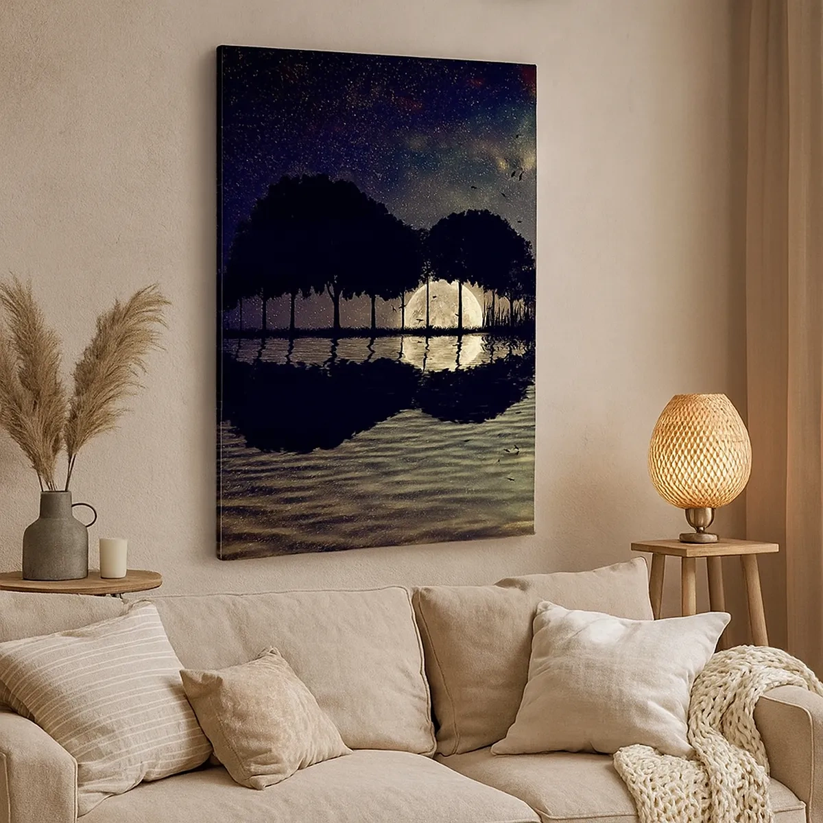 Impression sur toile - Image sur toile - Une nuit magique avec des arbres et la lune se reflétant sur l'eau - 50x70cm - Nuit au bout du monde - Décoration murale moderne pour le salon et la chambre ARTTOR