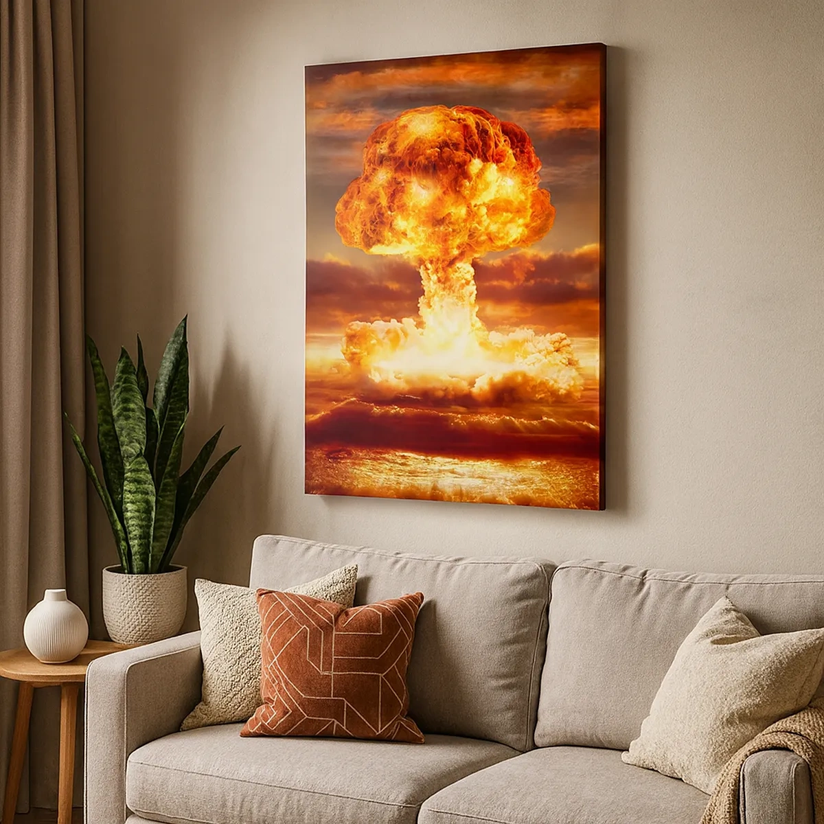 Impression sur toile - Image sur toile - Explosion d'un nuage en forme de champignon sur fond de coucher de soleil - 50x70cm - Et la fin viendra - Décoration murale moderne pour le salon et la chambre ARTTOR