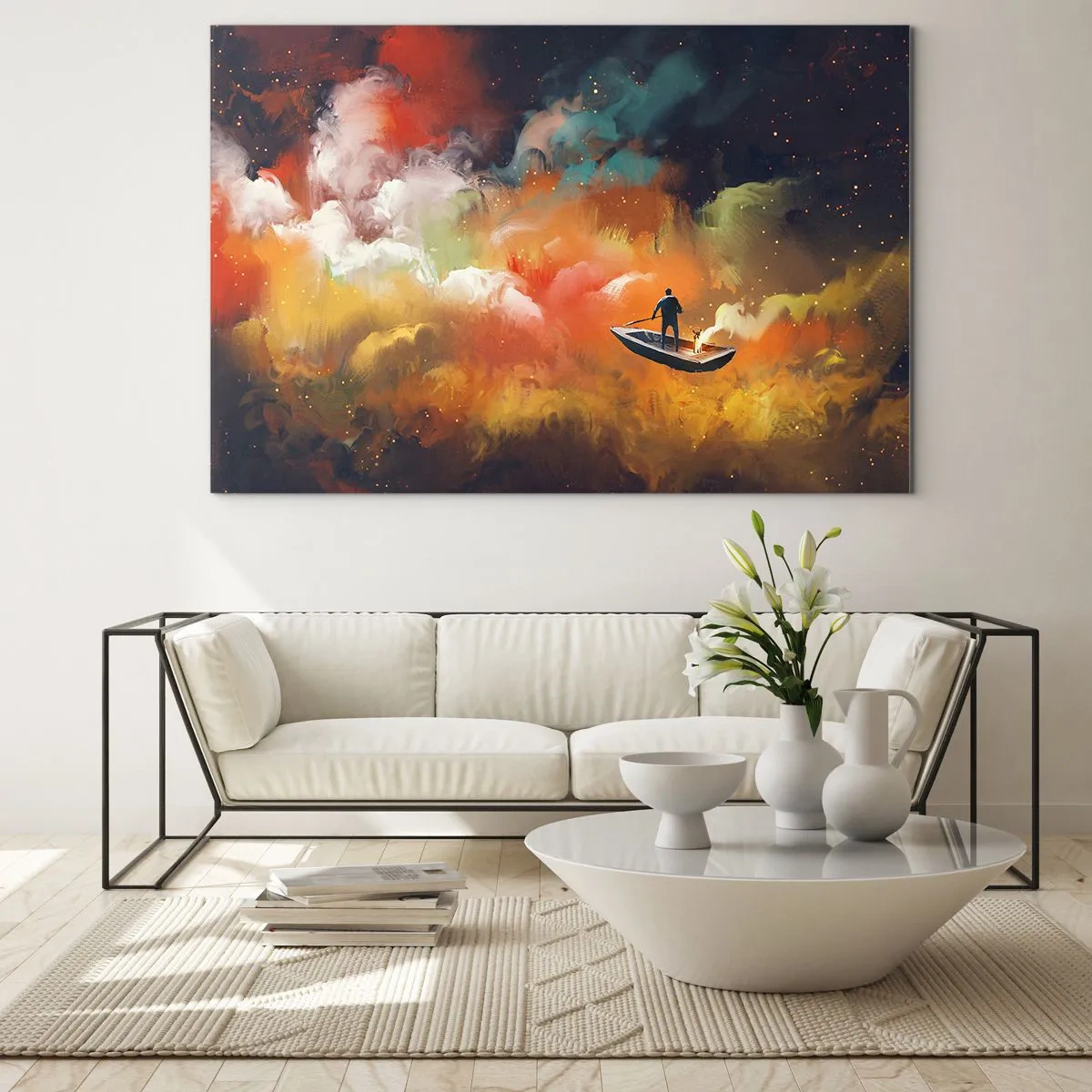 Impression sur verre - Image sur verre - Une silhouette sur un bateau flottant parmi des nuages galactiques colorés - 70x50cm - En bateau à travers la galaxie - Décoration murale moderne pour le salon et la chambre ARTTOR