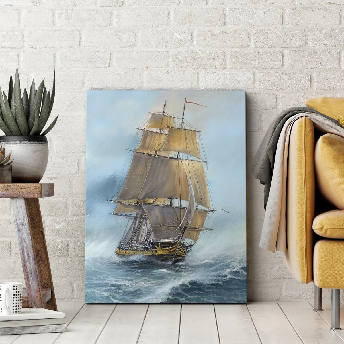 Impression sur toile - Image sur toile - Un voilier sur une mer agitée - 50x70cm - Se précipitant sur les vagues - Décoration murale moderne pour le salon et la chambre ARTTOR