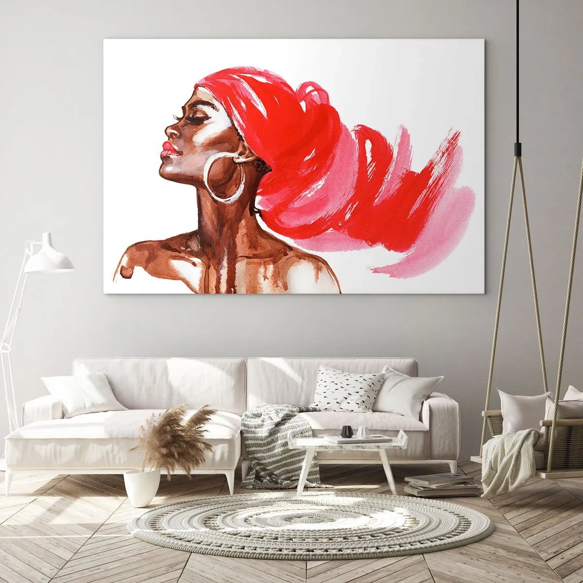 Impression sur verre - Image sur verre - Portrait à l'aquarelle d'une femme au turban rouge - 70x50cm - "Les cheveux dans le vent" - Décoration murale moderne pour le salon et la chambre ARTTOR