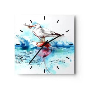 Horloge murale - Pendule murale - Mouette sur une bouée avec des poissons en arrière-plan dans un style aquarelle - 30x30cm - Prise réussie - Décoration murale moderne pour le salon et la chambre ARTTOR