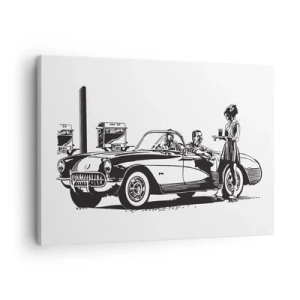 Impression sur toile - Image sur toile - Une scène rétro en noir et blanc avec une voiture et une serveuse en patins à roulettes. - 70x50cm - 60's - Amérique insouciante - Décoration murale moderne pour le salon et la chambre ARTTOR