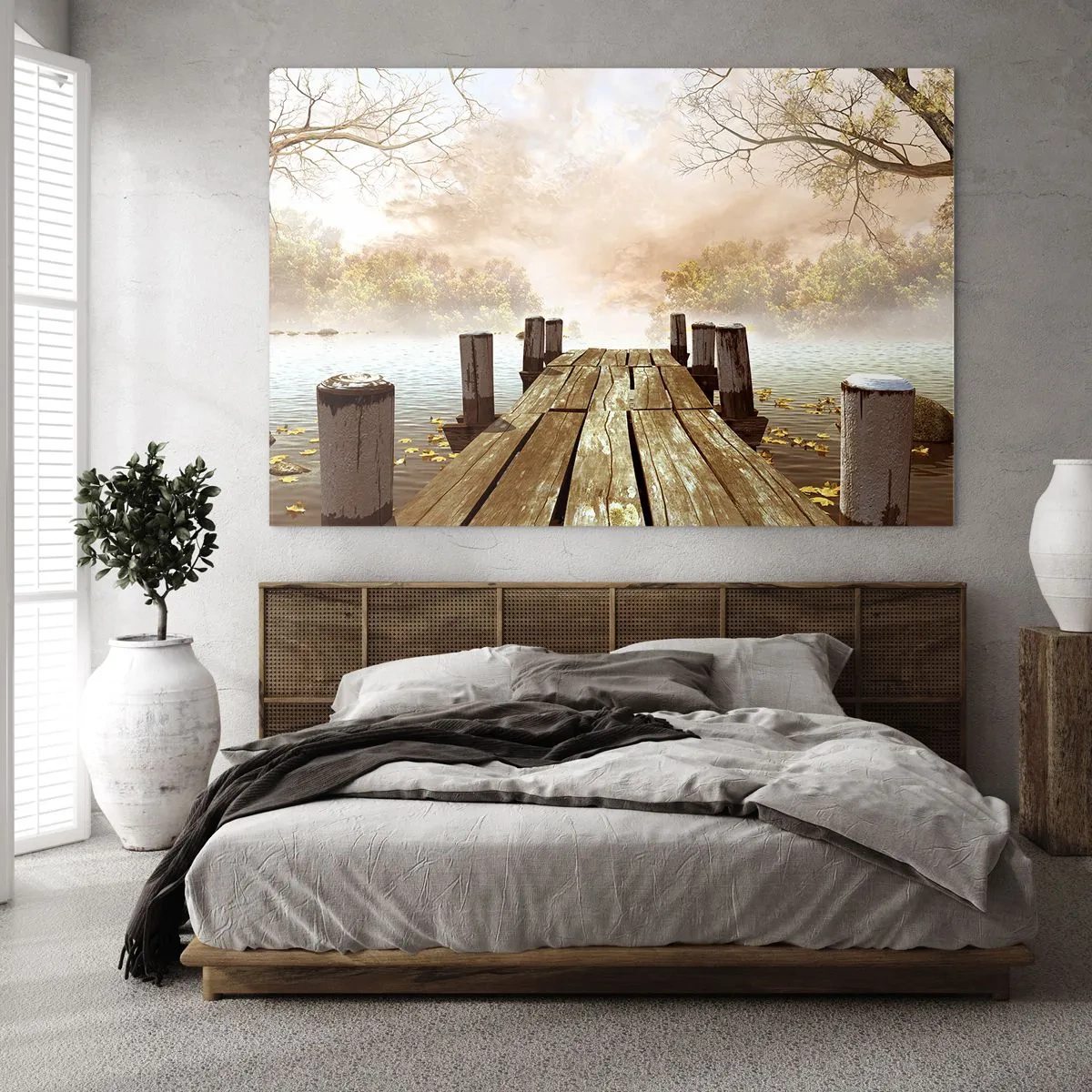 Impression sur verre - Image sur verre - Une jetée en bois sur un lac calme dans le brouillard - 70x50cm - La douce tristesse de l'automne - Décoration murale moderne pour le salon et la chambre ARTTOR
