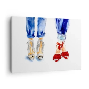 Impression sur toile - Image sur toile - Illustration de deux paires de chaussures dans des sandales élégantes et un jean - 70x50cm - Peut-être irons-nous nous promener? - Décoration murale moderne pour le salon et la chambre ARTTOR