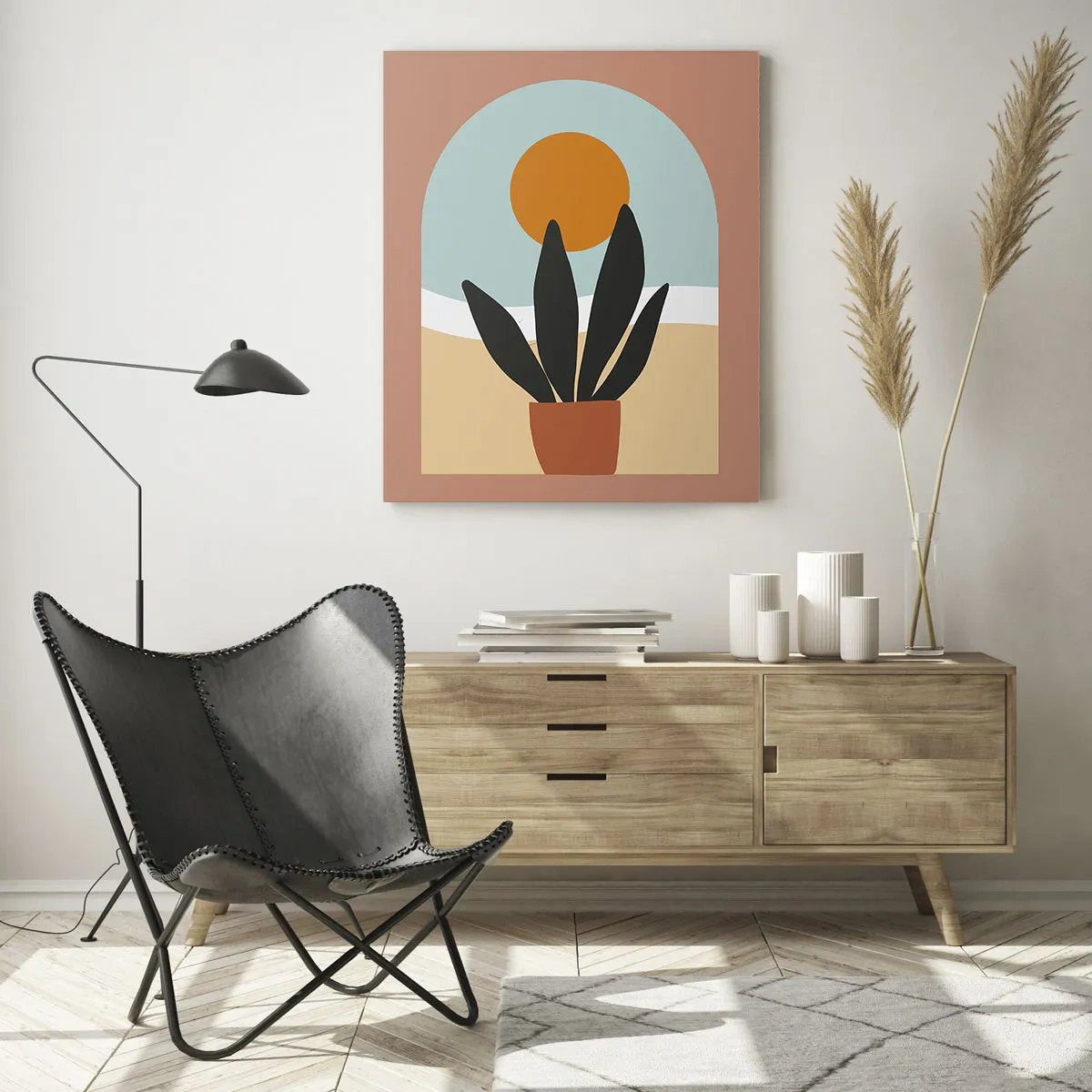 Impression sur verre - Image sur verre - Une scène abstraite avec une plante en pot et le soleil en arrière-plan, dans des couleurs pastel. - 50x70cm - Petits bonheurs - Décoration murale moderne pour le salon et la chambre ARTTOR
