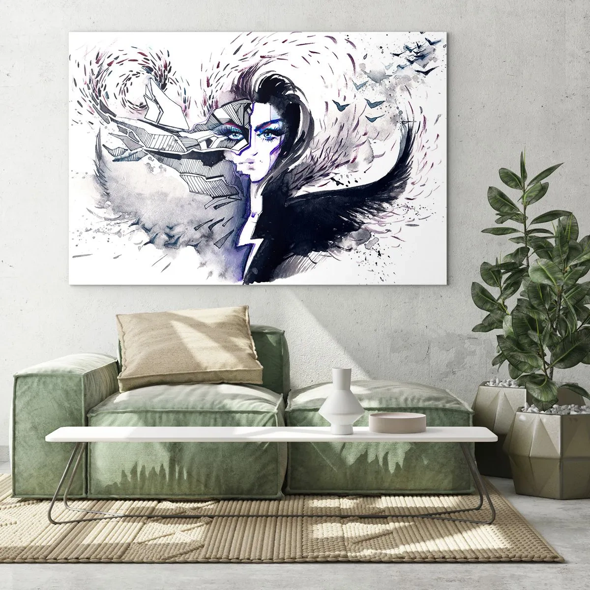 Impression sur verre - Image sur verre - Portrait abstrait avec des éléments dynamiques et du noir - 120x80cm - Démoniaque et belle - Décoration murale moderne pour le salon et la chambre ARTTOR