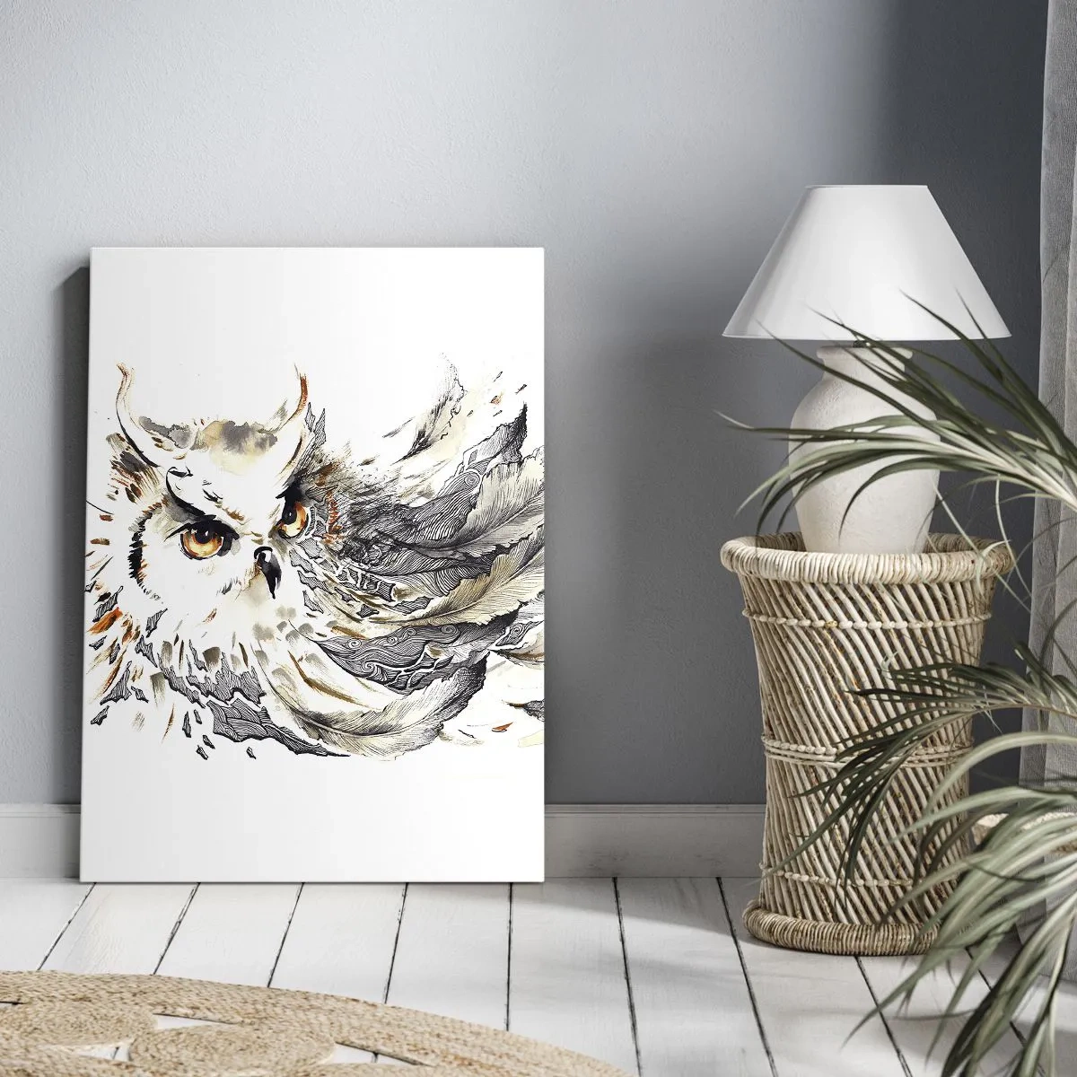 Impression sur toile - Image sur toile - Un hibou aux plumes mystiques sous forme d'aquarelle artistique - 80x120cm - Elle vient du monde de la magie - Décoration murale moderne pour le salon et la chambre ARTTOR