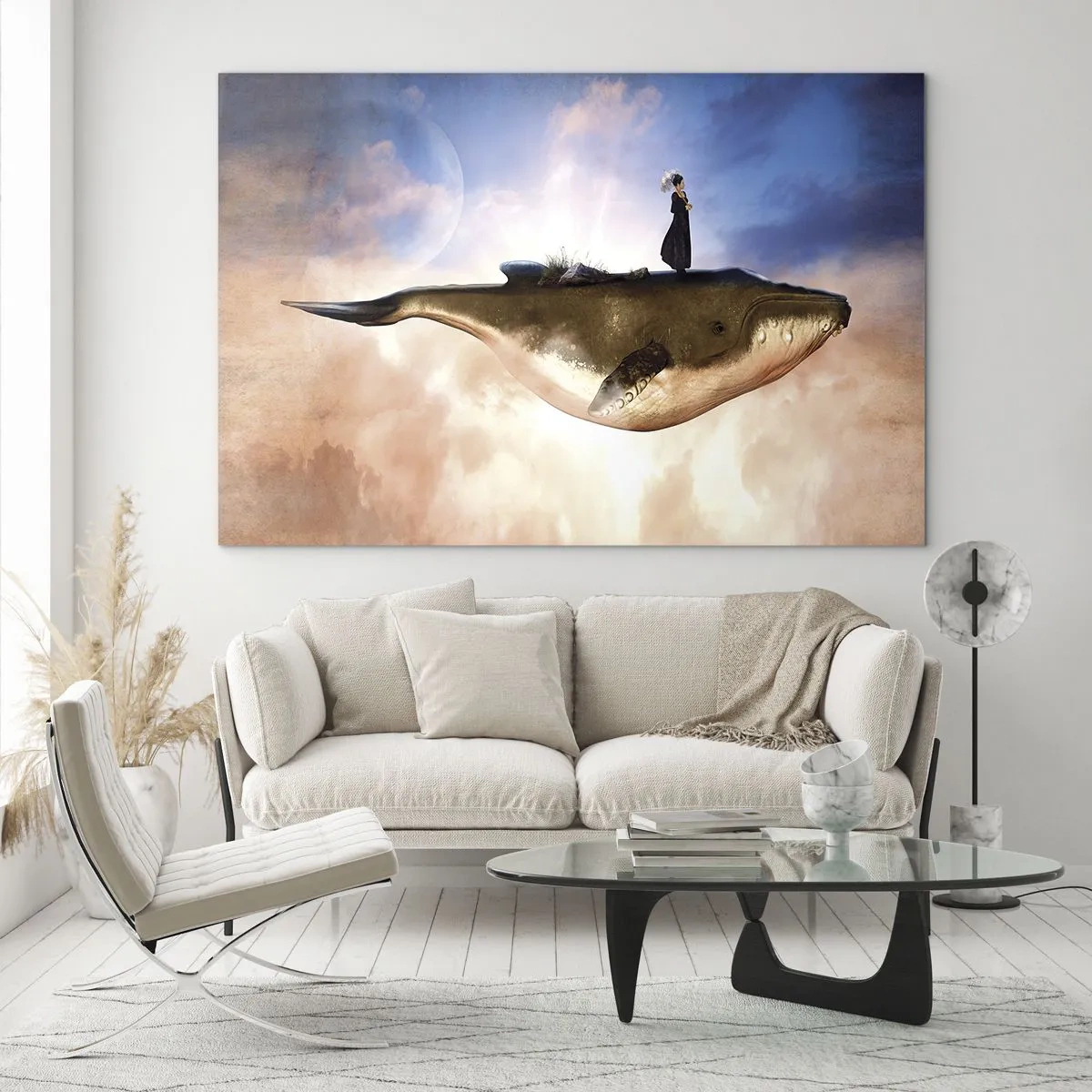 Impression sur verre - Image sur verre - Une baleine fantastique flottant dans les nuages avec une femme sur le dos. - 120x80cm - Voyage irréel - Décoration murale moderne pour le salon et la chambre ARTTOR