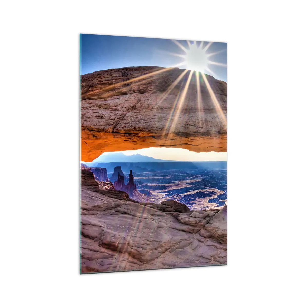 Impression sur verre - Image sur verre - Arche rocheuse surplombant le canyon au lever du soleil - 70x100cm - Par la porte rocheuse - Décoration murale moderne pour le salon et la chambre ARTTOR