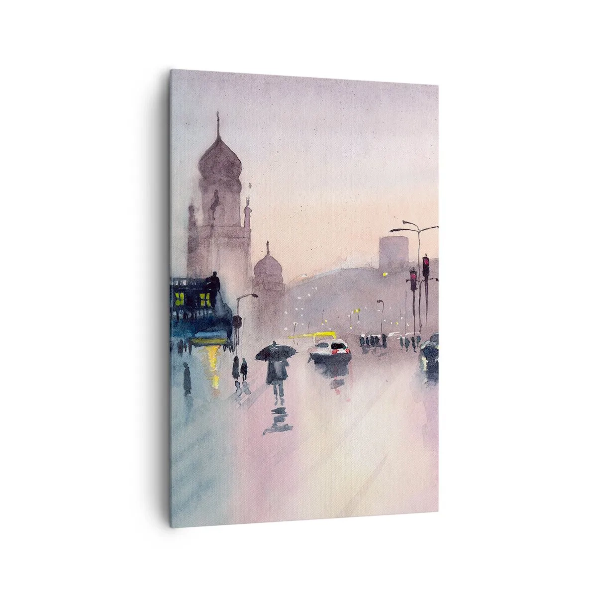 Impression sur toile - Image sur toile - Une rue de la ville au crépuscule dans un style aquarelle - 80x120cm - Dans une brume pluvieuse - Décoration murale moderne pour le salon et la chambre ARTTOR