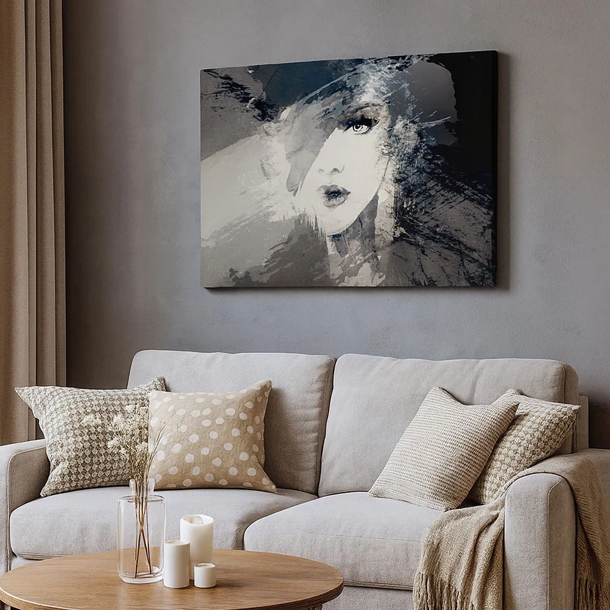 Impression sur toile - Image sur toile - Un portrait abstrait d'une femme dans des tons de gris avec des accents délicats. - 70x50cm - Derrière un voile gris - Décoration murale moderne pour le salon et la chambre ARTTOR