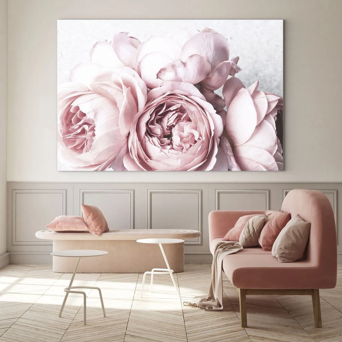 Impression sur verre - Image sur verre - Gros plan de fleurs de pivoine roses dans une lumière douce - 120x80cm - Pour les romantiques - Décoration murale moderne pour le salon et la chambre ARTTOR