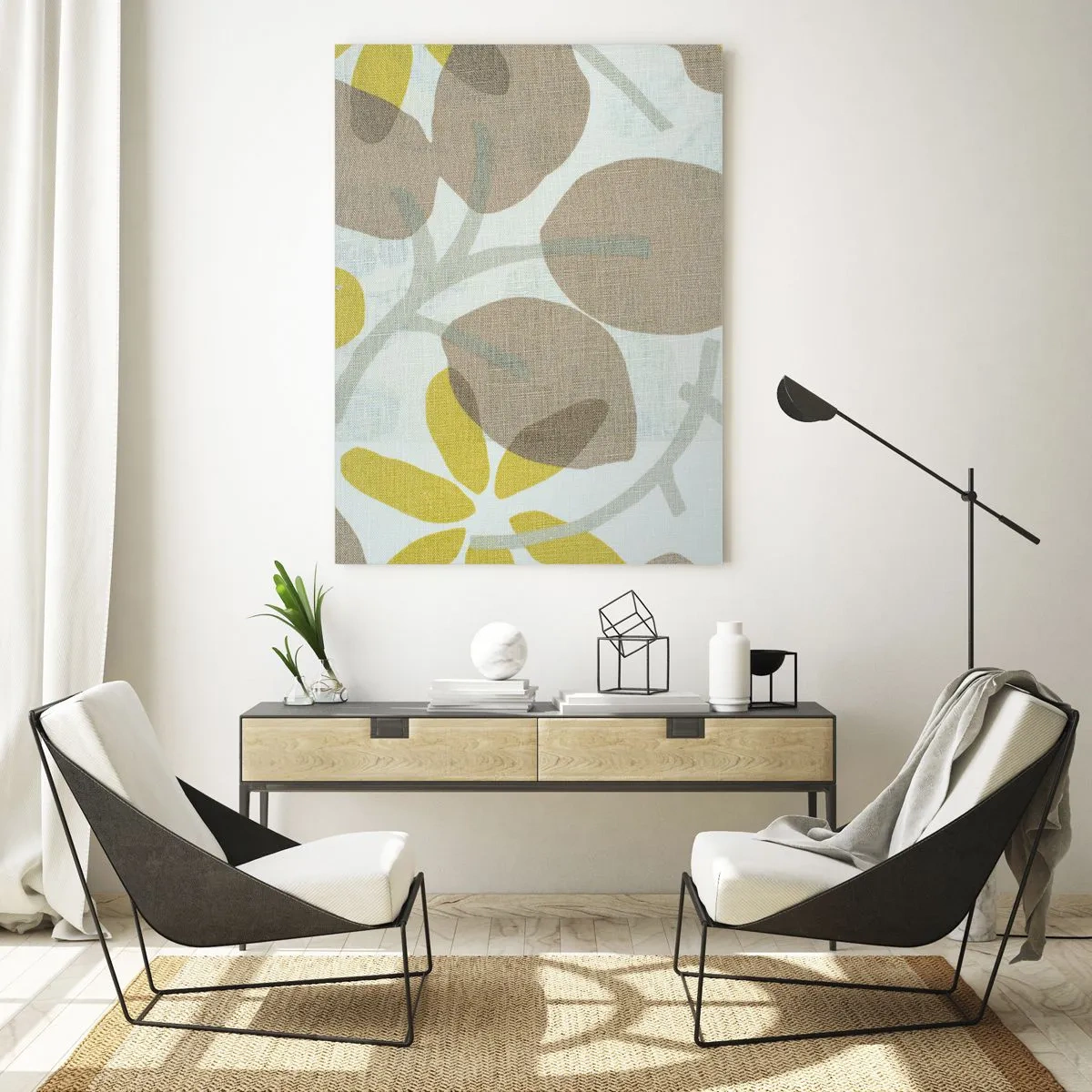 Impression sur verre - Image sur verre - Feuilles abstraites dans les tons beige et jaune - 70x100cm - Composition en plein soleil - Décoration murale moderne pour le salon et la chambre ARTTOR