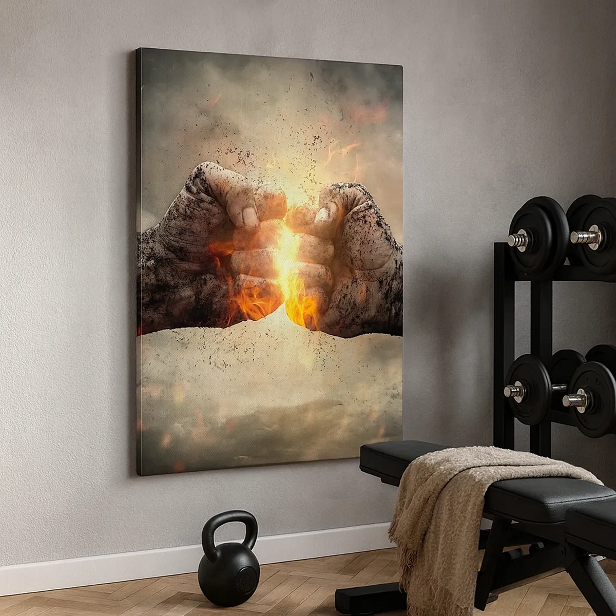 Impression sur toile - Image sur toile - Poings serrés dans une scène d'incendie dynamique - 50x70cm - Lève-toi pour le combat - Décoration murale moderne pour le salon et la chambre ARTTOR