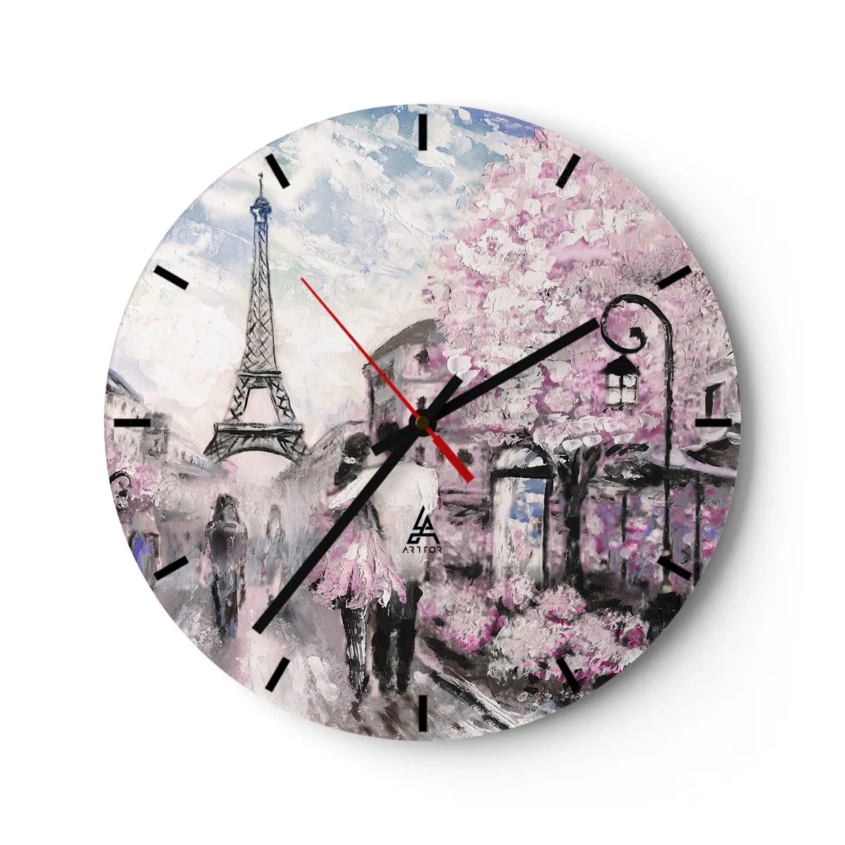 Horloge murale - Pendule murale - Vue romantique de Paris avec la Tour Eiffel et des arbres en fleurs - 30x30cm - Comment tomber amoureu, il faut juste... - Décoration murale moderne pour le salon, la cuisine et la chambre ARTTOR