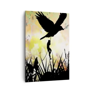 Impression sur toile - Image sur toile - Silhouette de la nature avec un oiseau et un pissenlit - 70x100cm - Dans une ambiance de conte de fées - Décoration murale moderne pour le salon et la chambre ARTTOR